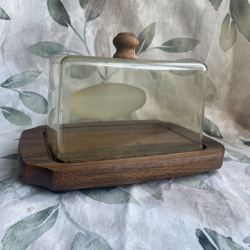 Vintage Rossini Genuine Teak Rectangular Cheese Board With‎ Plastic Dome Footed